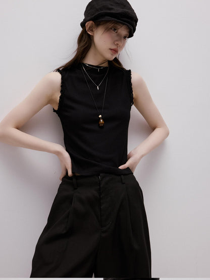 FUSSED Lace Trim Mock Neck Side Bust Concealing Slim Cropped Women&