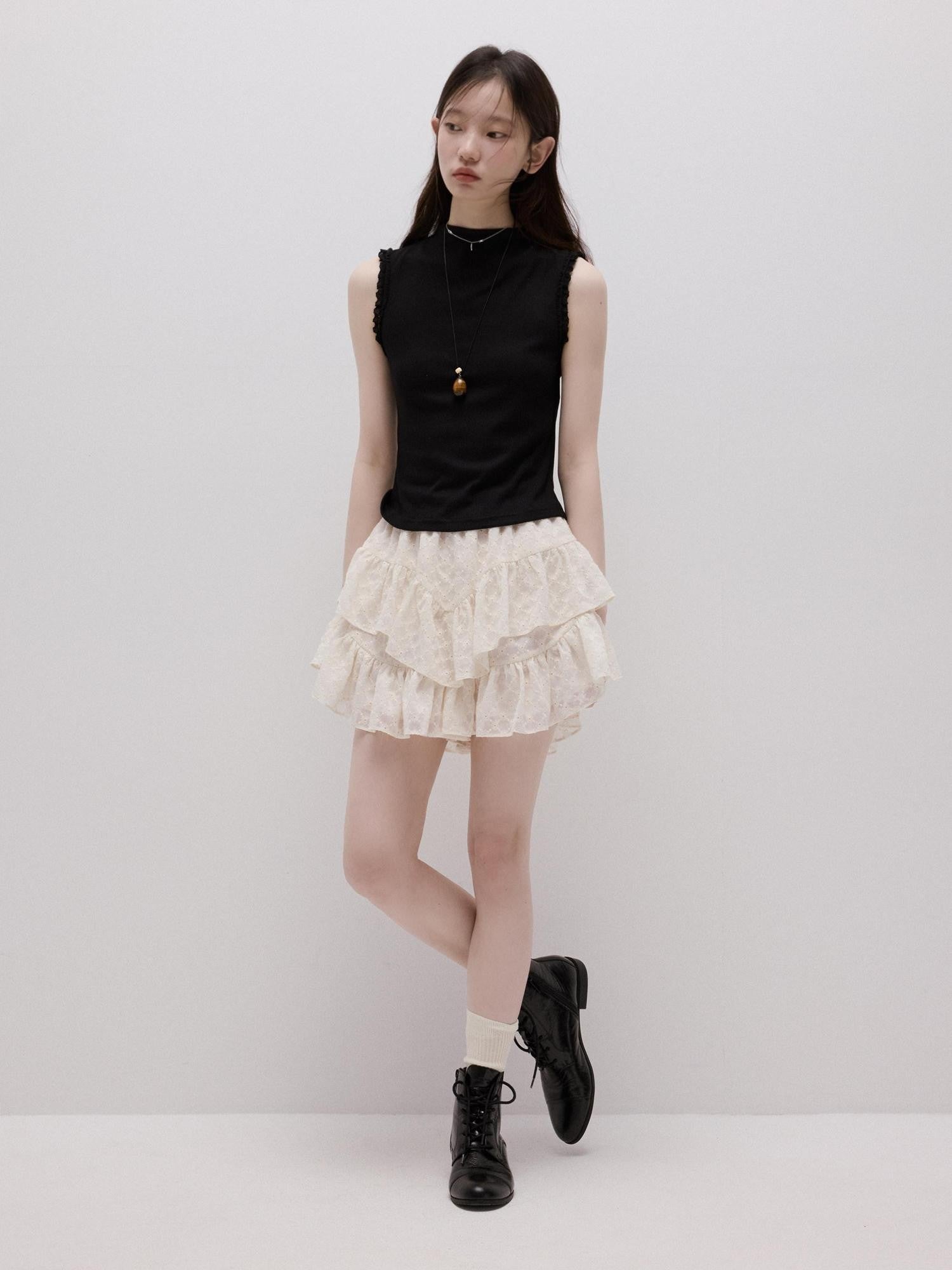 FUSSED Lace Trim Mock Neck Side Bust Concealing Slim Cropped Women&