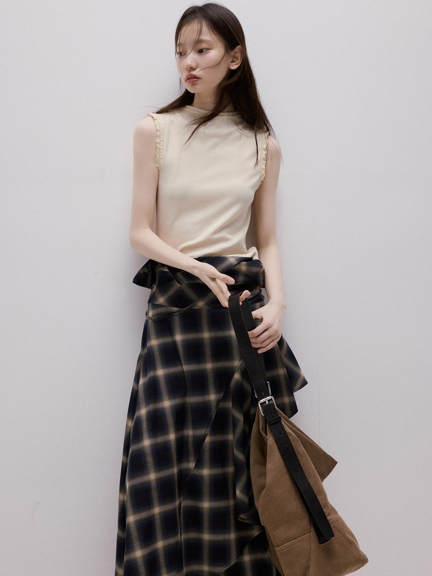 FUSSED Lace Trim Mock Neck Side Bust Concealing Slim Cropped Women&