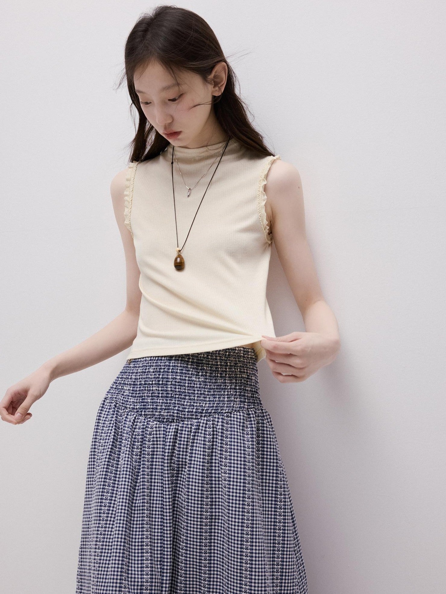 FUSSED Lace Trim Mock Neck Side Bust Concealing Slim Cropped Women&