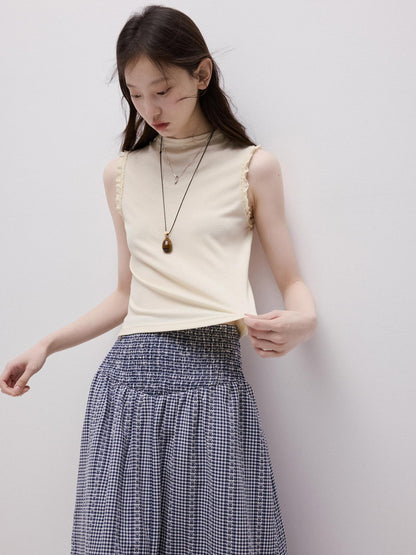 FUSSED Lace Trim Mock Neck Side Bust Concealing Slim Cropped Women&