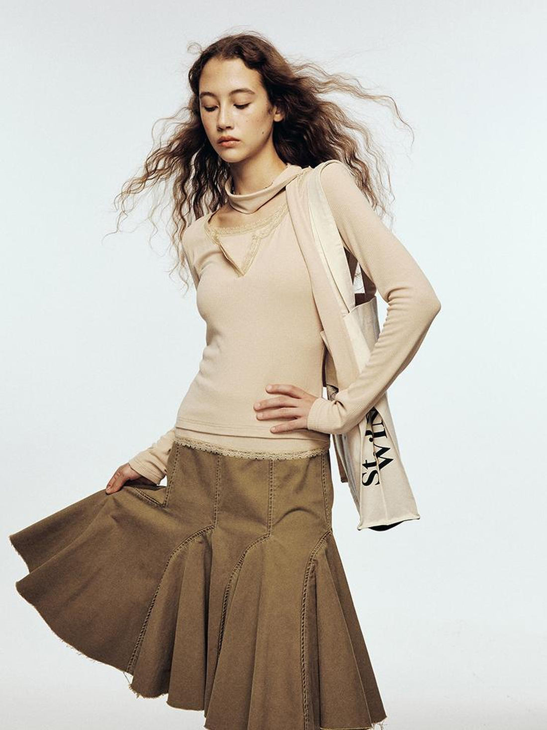 FUSSED Lace Trimmed Ribbed Knit Top With Scarf