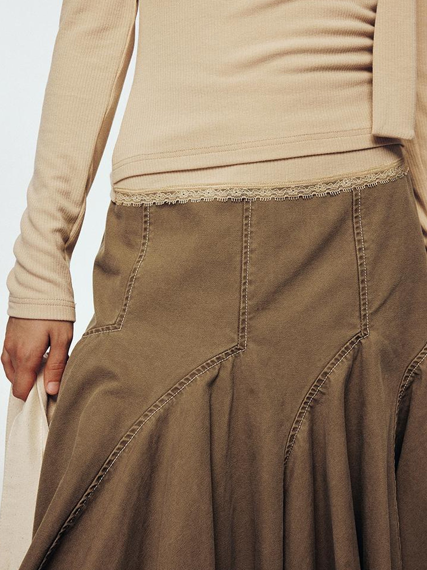 FUSSED Lace Trimmed Ribbed Knit Top With Scarf