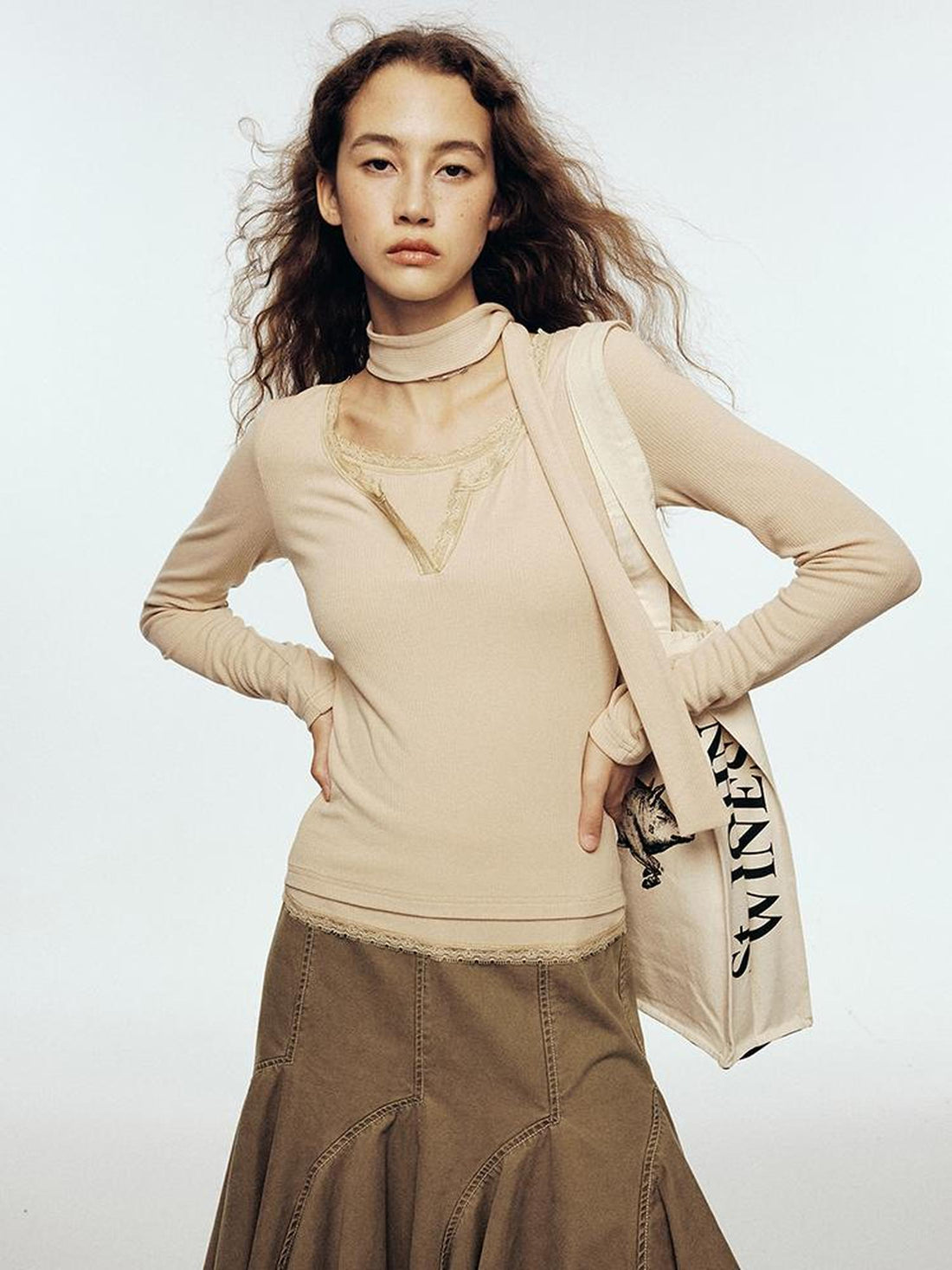 FUSSED Lace Trimmed Ribbed Knit Top With Scarf