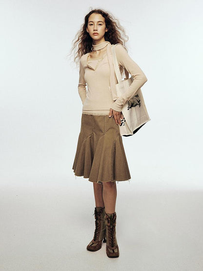FUSSED Lace Trimmed Ribbed Knit Top With Scarf