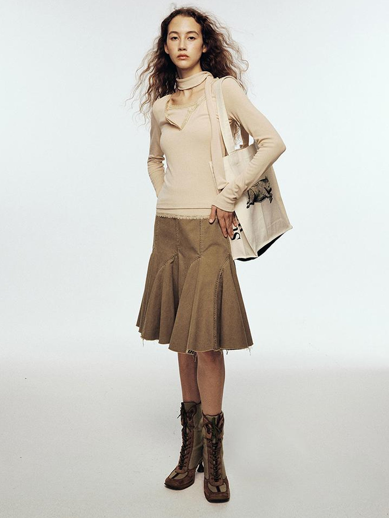 FUSSED Lace Trimmed Ribbed Knit Top With Scarf