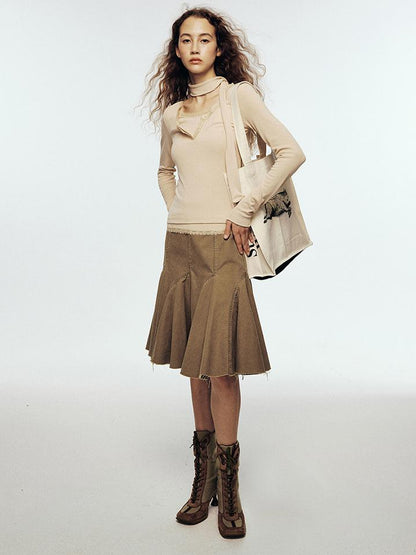 FUSSED Lace Trimmed Ribbed Knit Top With Scarf