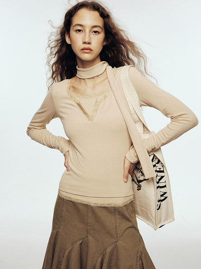 FUSSED Lace Trimmed Ribbed Knit Top With Scarf