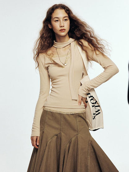 FUSSED Lace Trimmed Ribbed Knit Top With Scarf