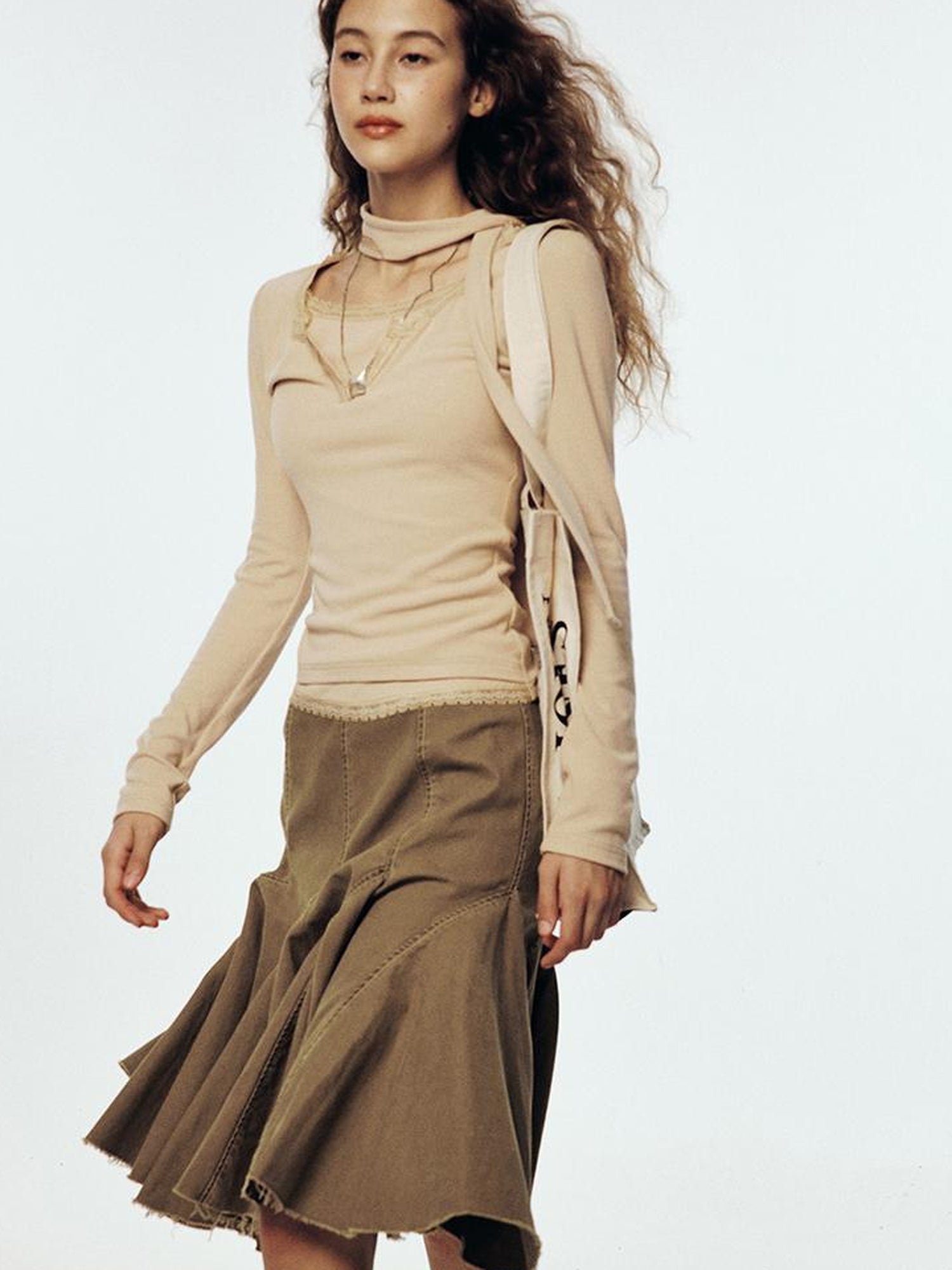 FUSSED Lace Trimmed Ribbed Knit Top With Scarf