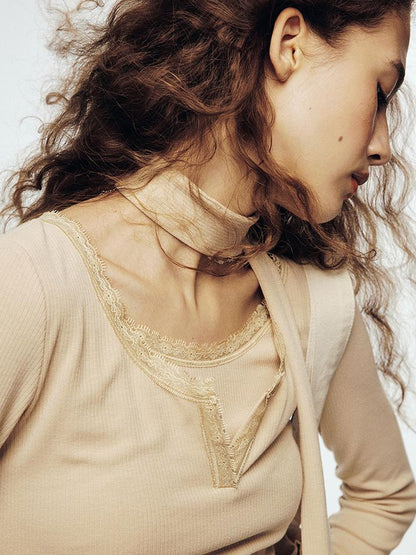 FUSSED Lace Trimmed Ribbed Knit Top With Scarf