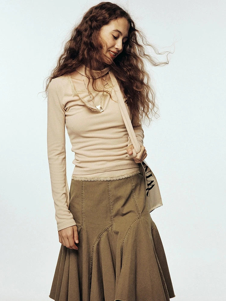 Lace Trimmed Ribbed Knit Top With Scarf