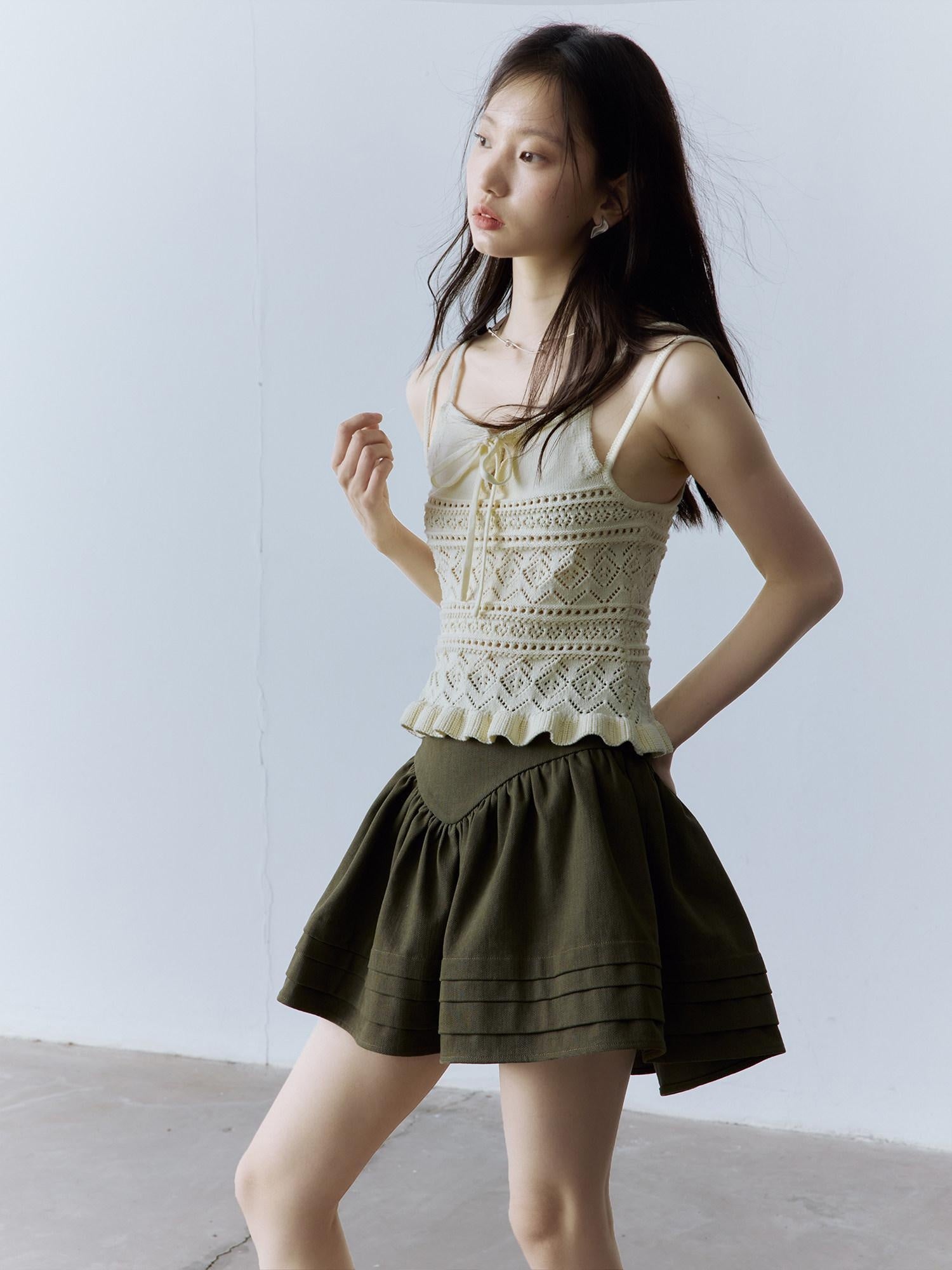 FUSSED Layered A Line Mid Waist Spliced Lined Side Zipper Youth Cedar Green Mini Skirt