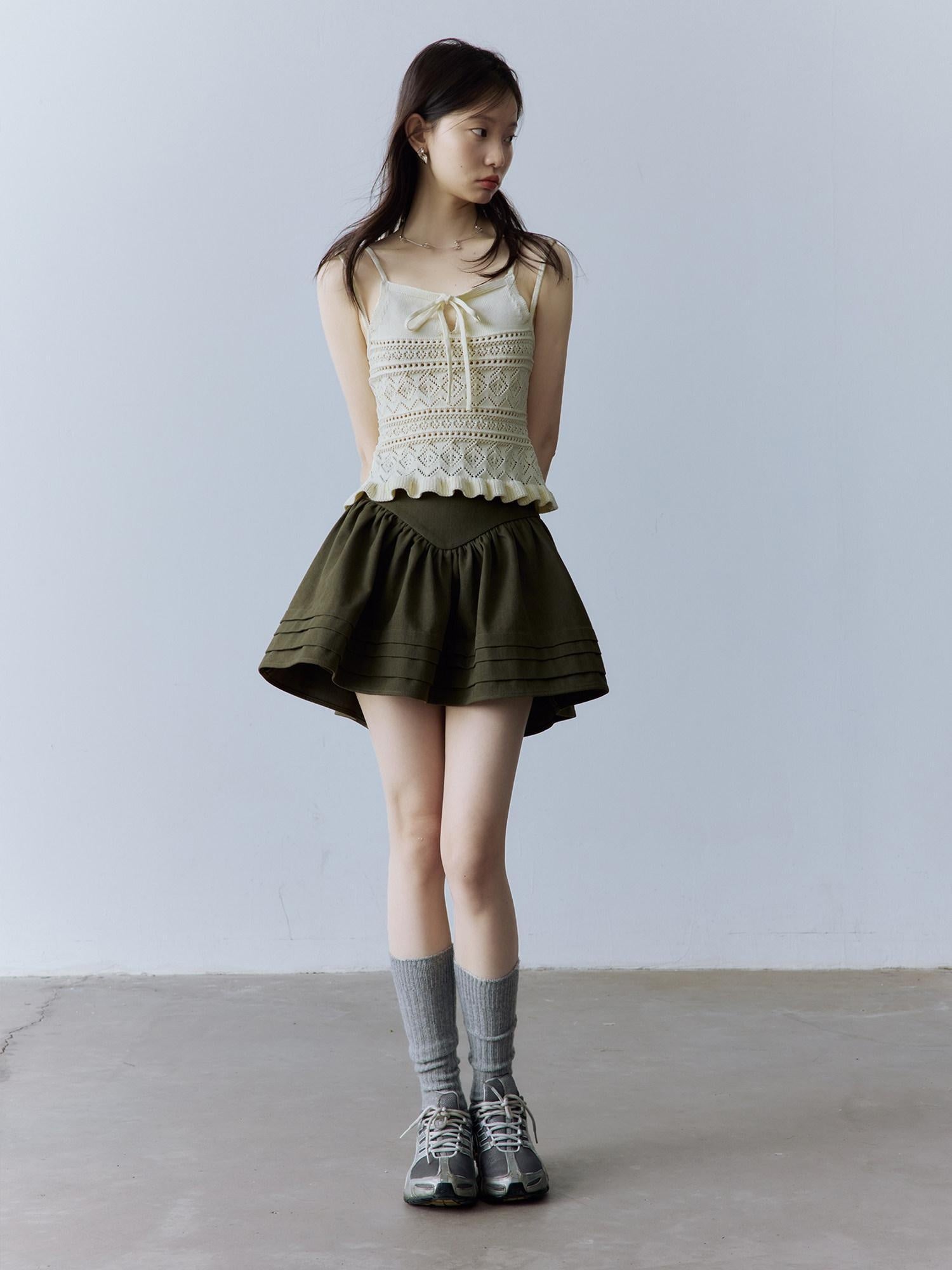 FUSSED Layered A Line Mid Waist Spliced Lined Side Zipper Youth Cedar Green Mini Skirt
