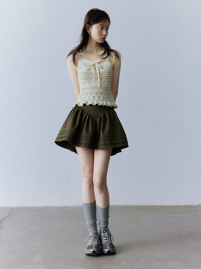 FUSSED Layered A Line Mid Waist Spliced Lined Side Zipper Youth Cedar Green Mini Skirt