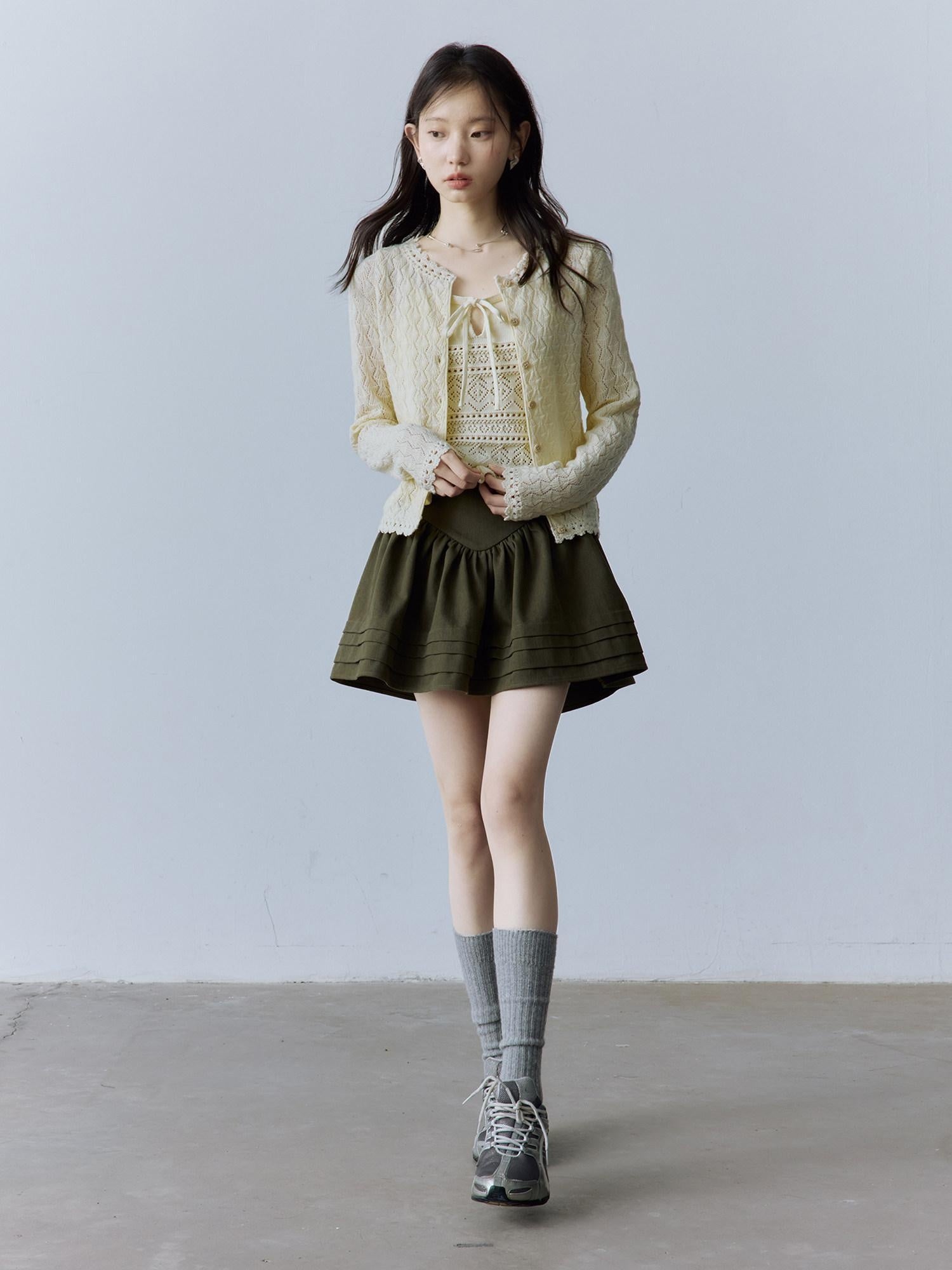 FUSSED Layered A Line Mid Waist Spliced Lined Side Zipper Youth Cedar Green Mini Skirt