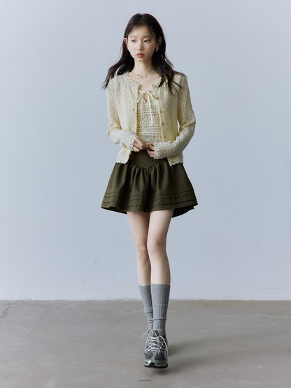 FUSSED Layered A Line Mid Waist Spliced Lined Side Zipper Youth Cedar Green Mini Skirt