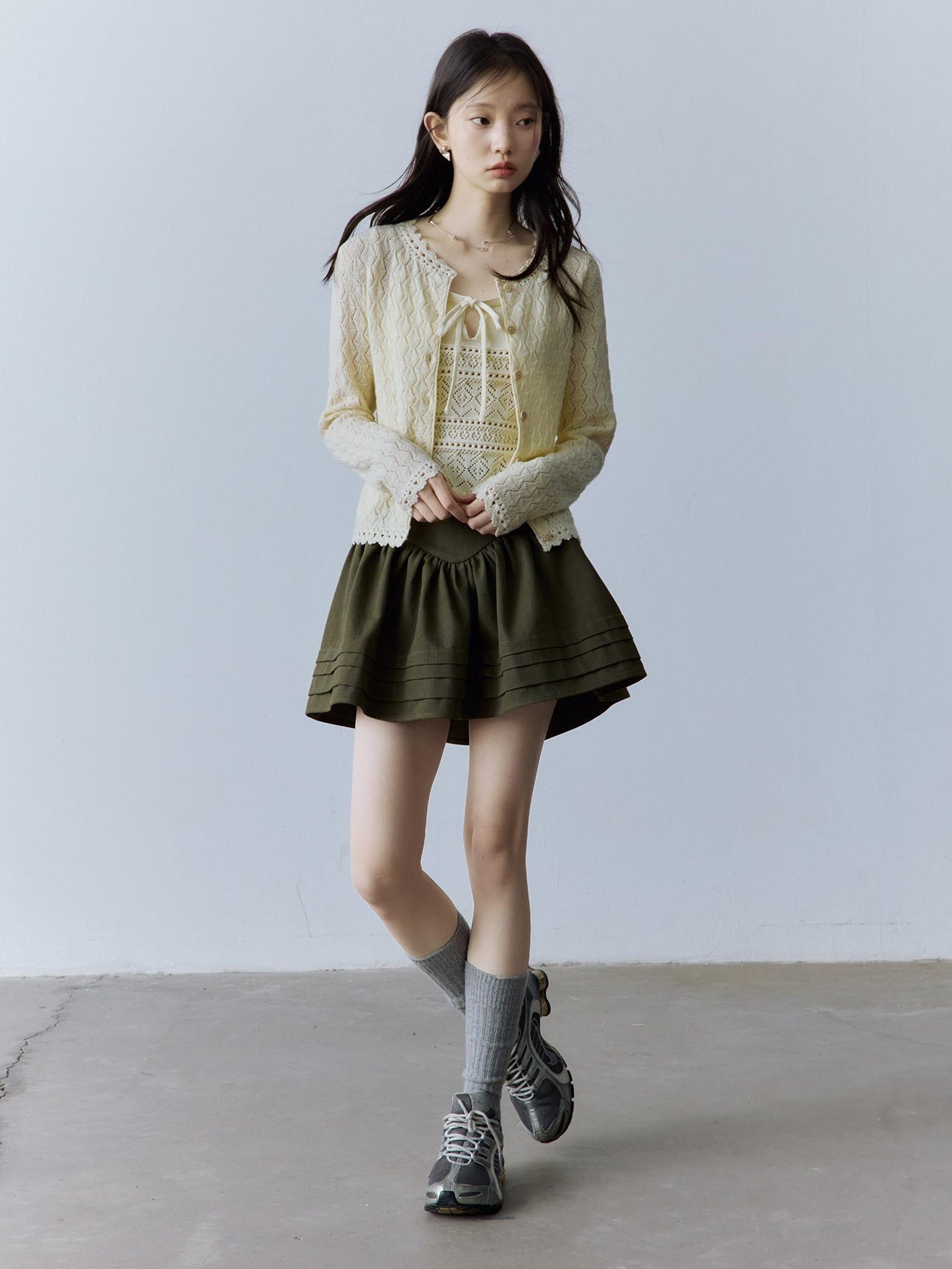 FUSSED Layered A Line Mid Waist Spliced Lined Side Zipper Youth Cedar Green Mini Skirt