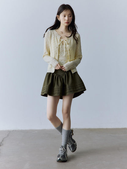 FUSSED Layered A Line Mid Waist Spliced Lined Side Zipper Youth Cedar Green Mini Skirt
