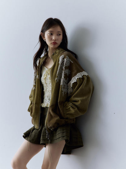 FUSSED Layered A Line Mid Waist Spliced Lined Side Zipper Youth Cedar Green Mini Skirt
