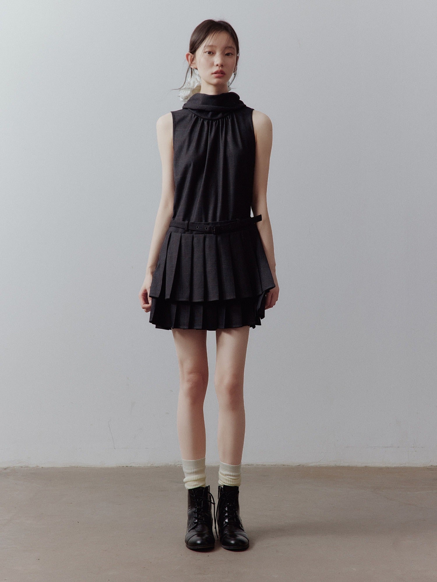 FUSSED_Layered_Spliced_Double_Pleat_Tie_High_Neck_Aline_Women&