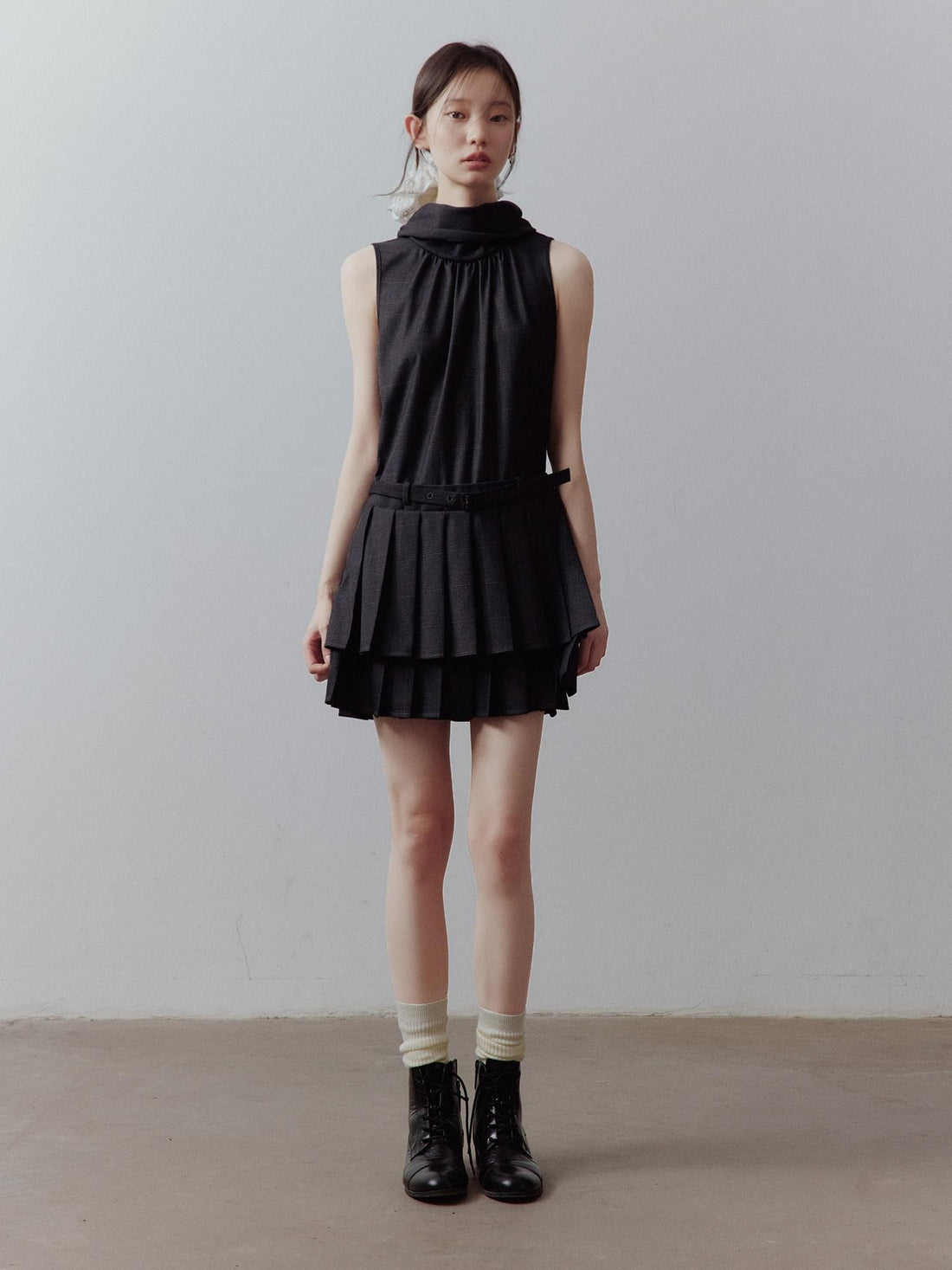 FUSSED Layered Spliced Double Pleat Tie High Neck Aline Women&