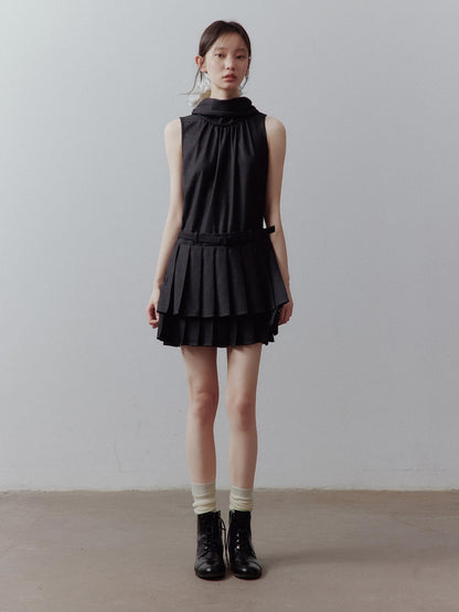FUSSED Layered Spliced Double Pleat Tie High Neck Aline Women&
