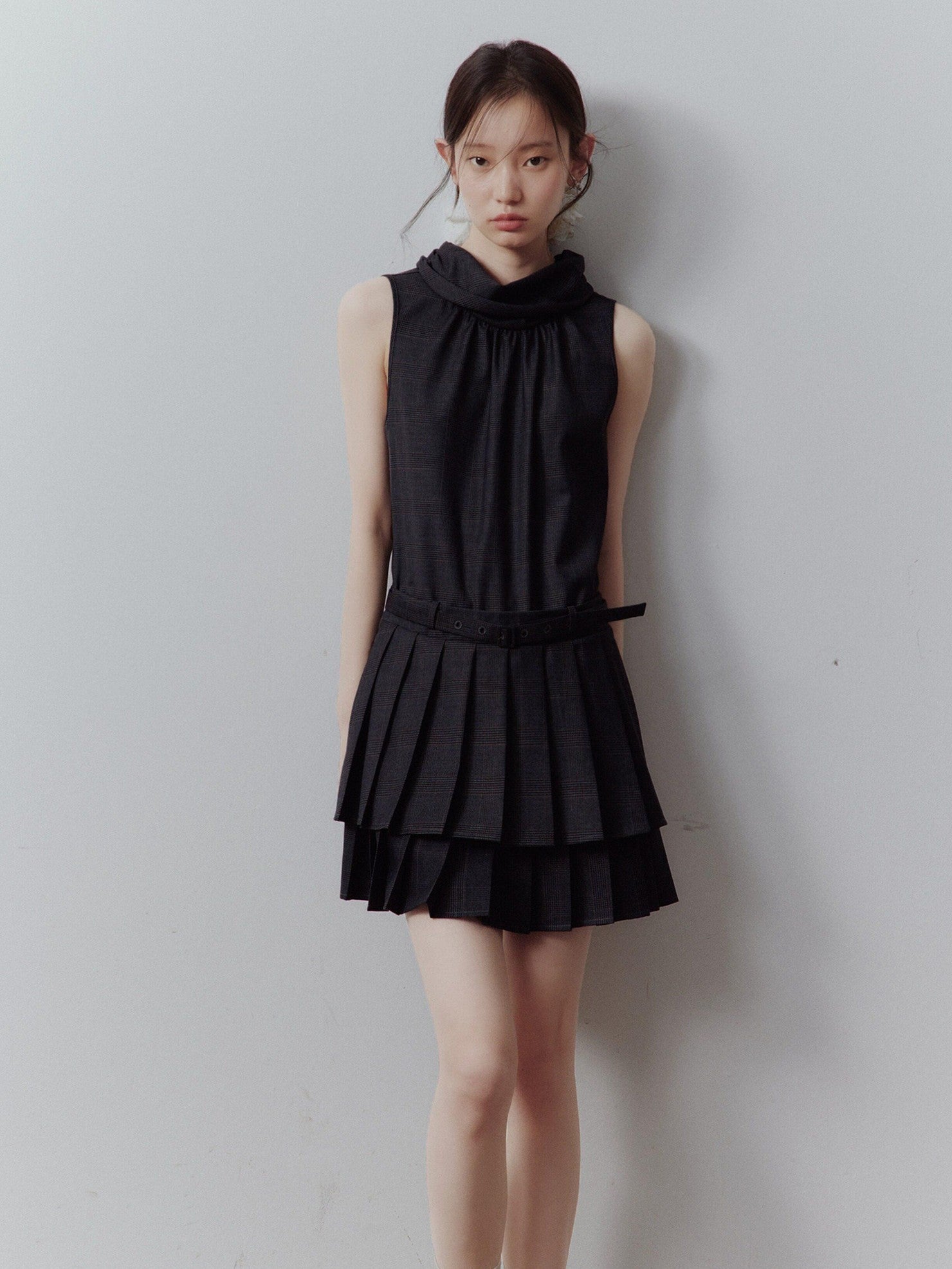 FUSSED Layered Spliced Double Pleat Tie High Neck Aline Women&
