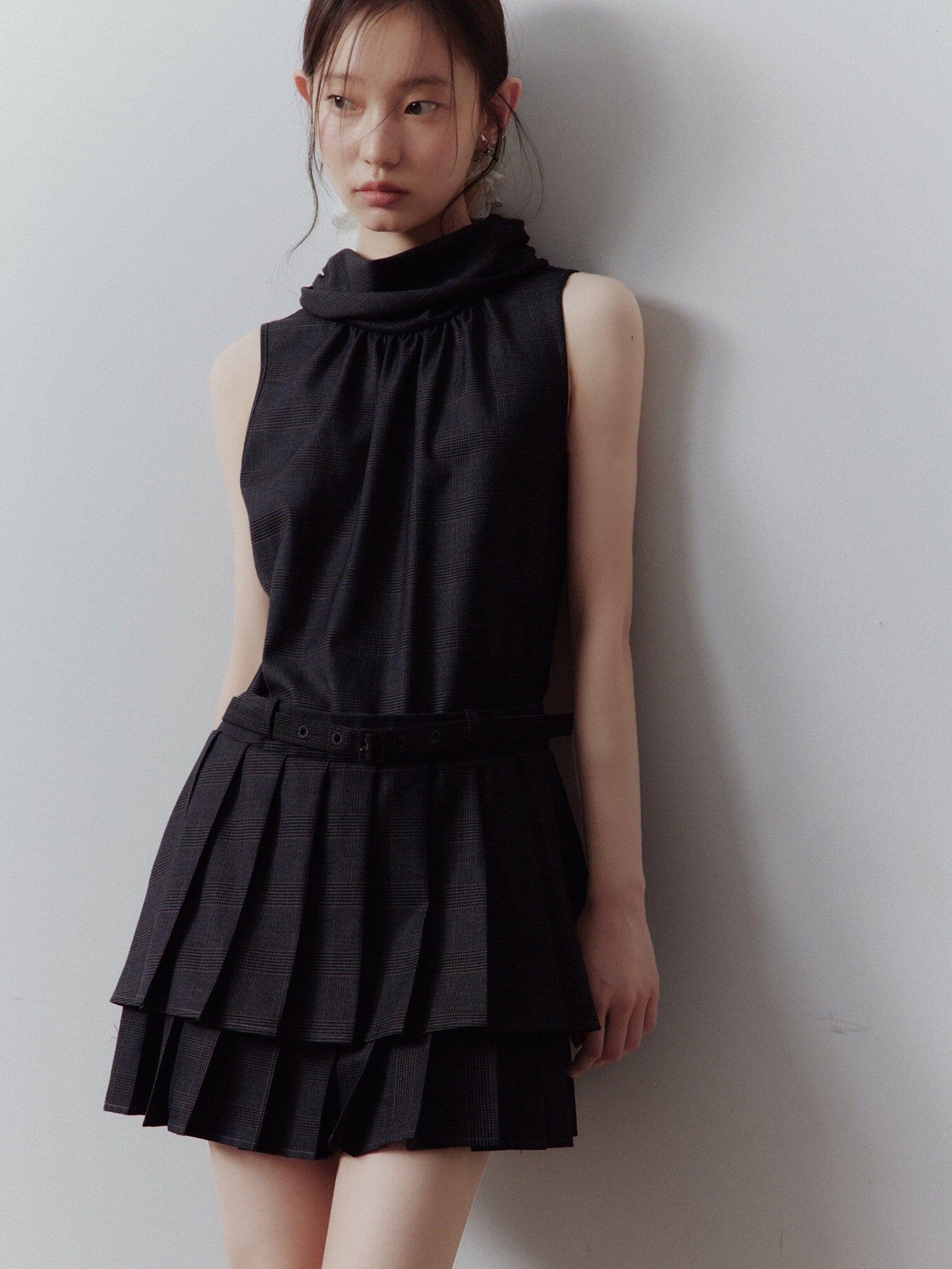 FUSSED Layered Spliced Double Pleat Tie High Neck Aline Women&