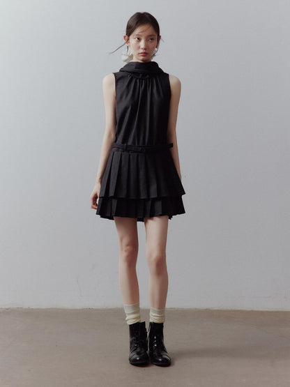 FUSSED Layered Spliced Double Pleat Tie High Neck Aline Women&
