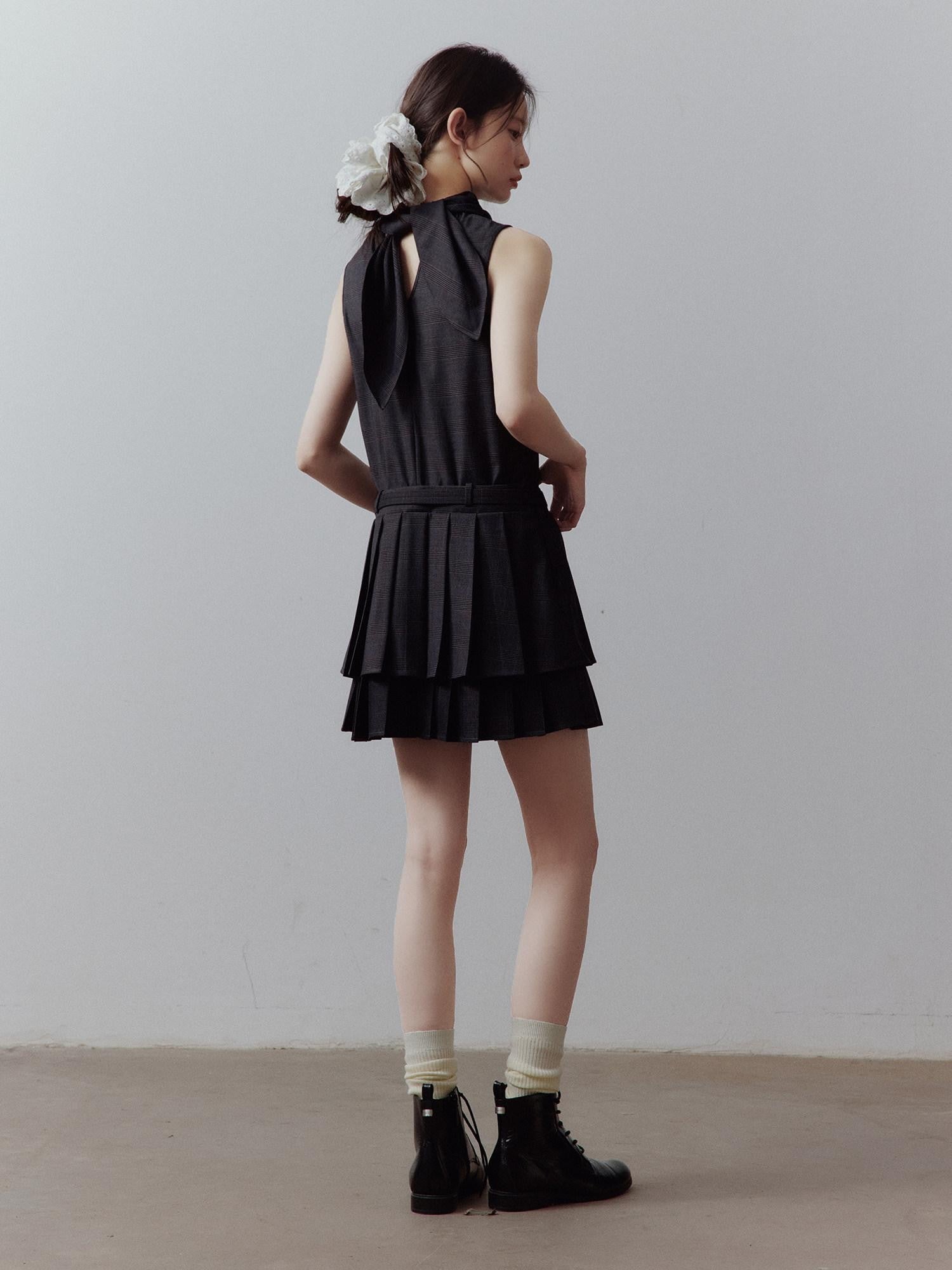FUSSED Layered Spliced Double Pleat Tie High Neck Aline Women&
