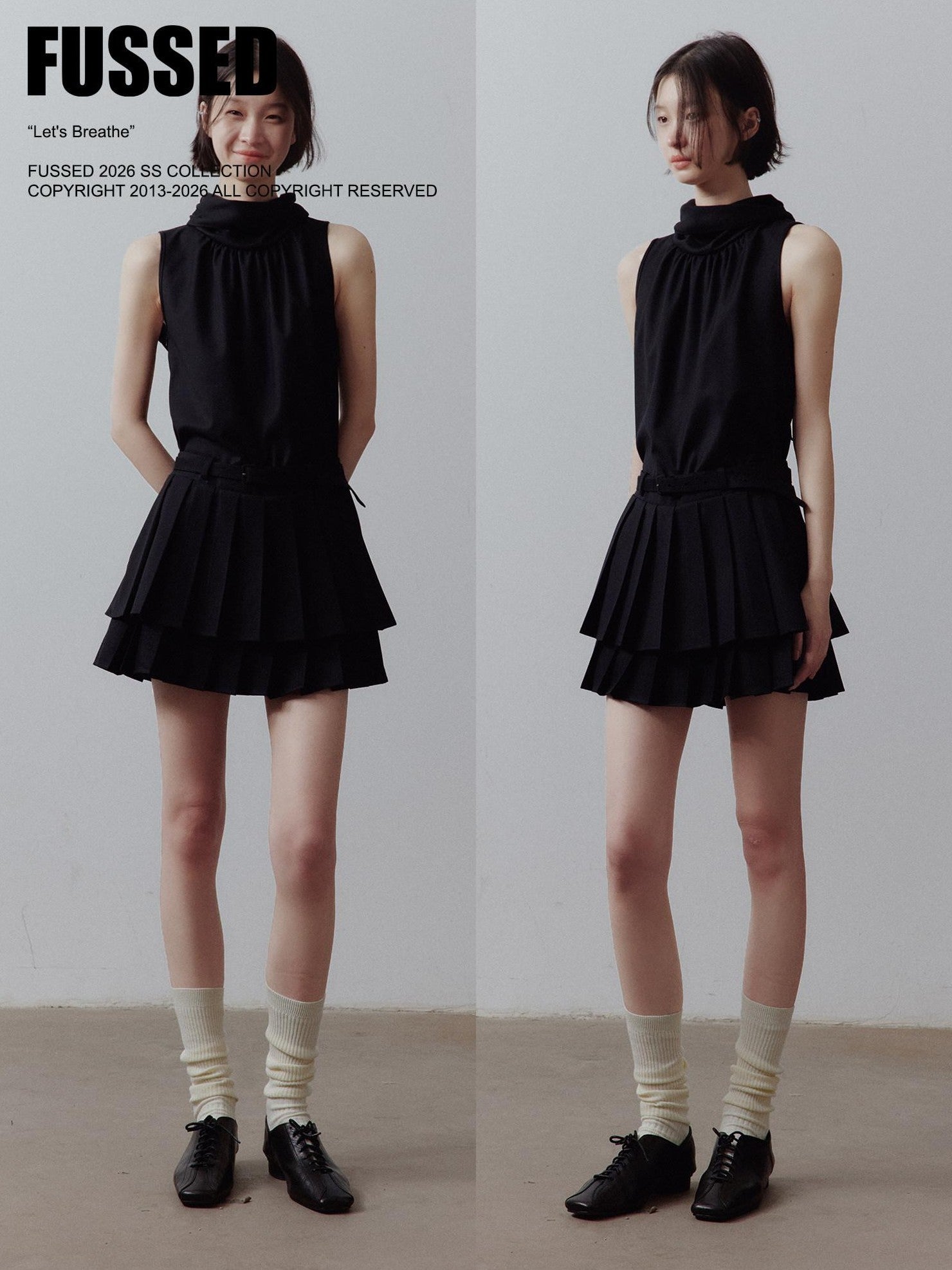FUSSED Layered Spliced Double Pleat Tie High Neck Aline Women&