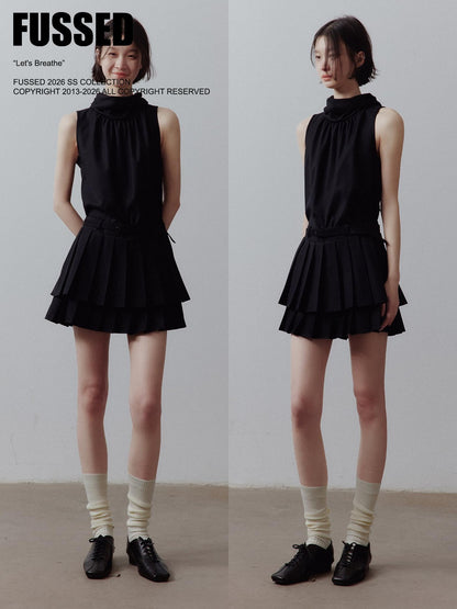 FUSSED Layered Spliced Double Pleat Tie High Neck Aline Women&