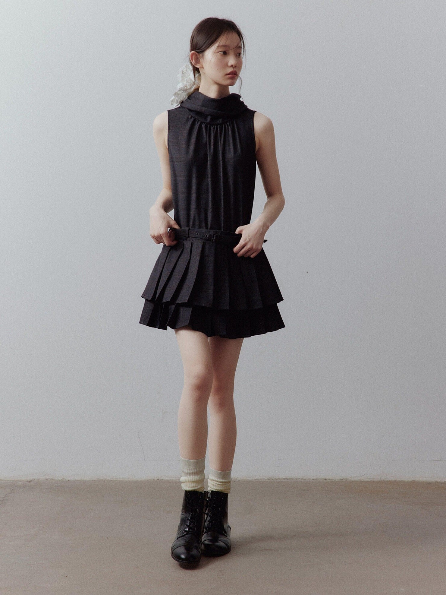 FUSSED Layered Spliced Double Pleat Tie High Neck Aline Women&