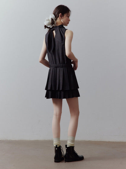 FUSSED Layered Spliced Double Pleat Tie High Neck Aline Women&