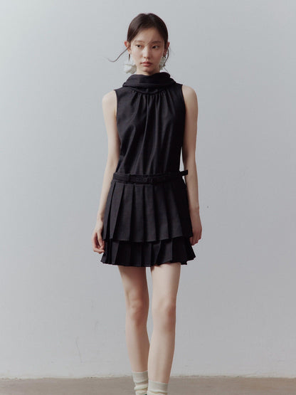 FUSSED Layered Spliced Double Pleat Tie High Neck Aline Women&