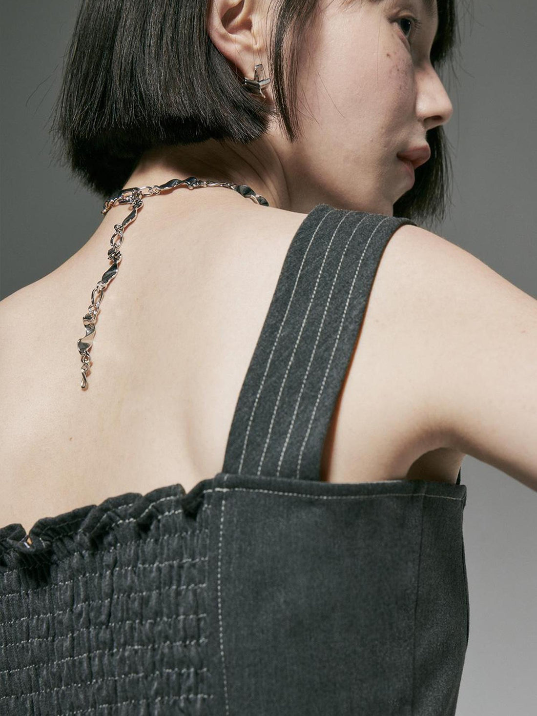 FUSSED Linear Retro Top With Contrast Stitching In Caviar Grey