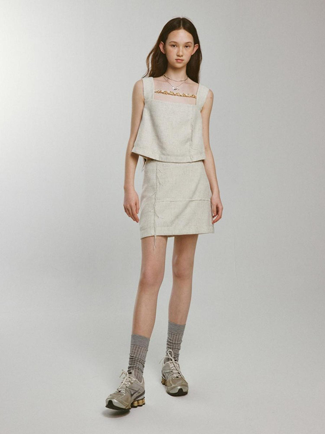 FUSSED Linen Fishbone Textured Sand Beige Vacation Set