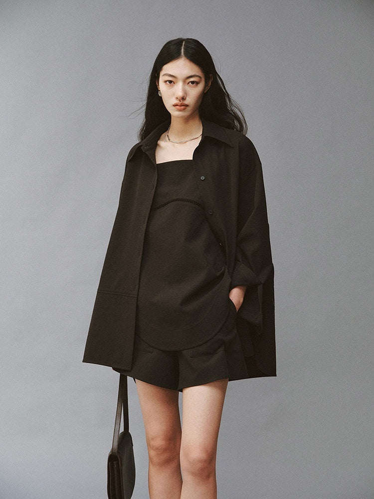 FUSSED_Linen_Texture_Shell_Buttons_Polo_Collar_Women&