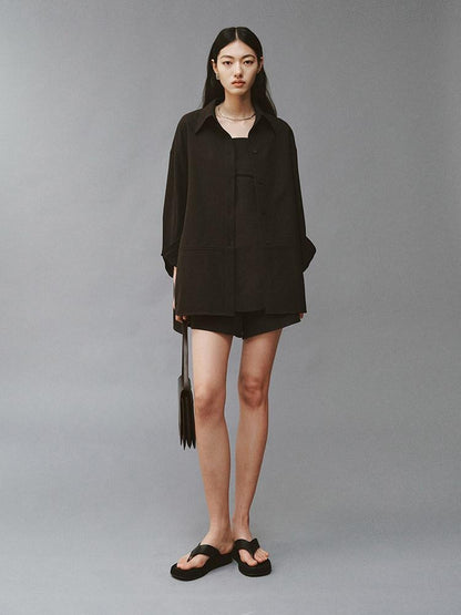 FUSSED Linen Texture Shell Buttons Polo Collar Women&