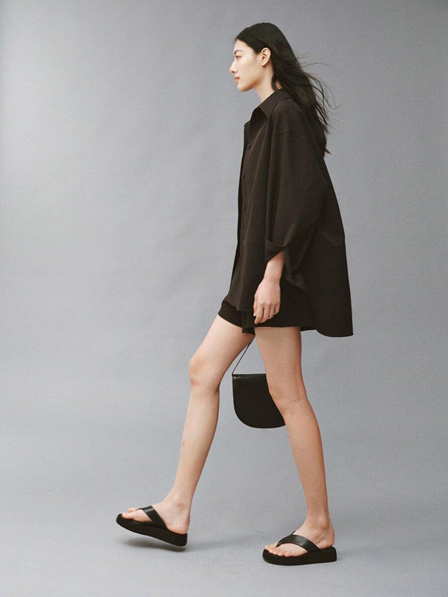 FUSSED Linen Texture Shell Buttons Polo Collar Women&