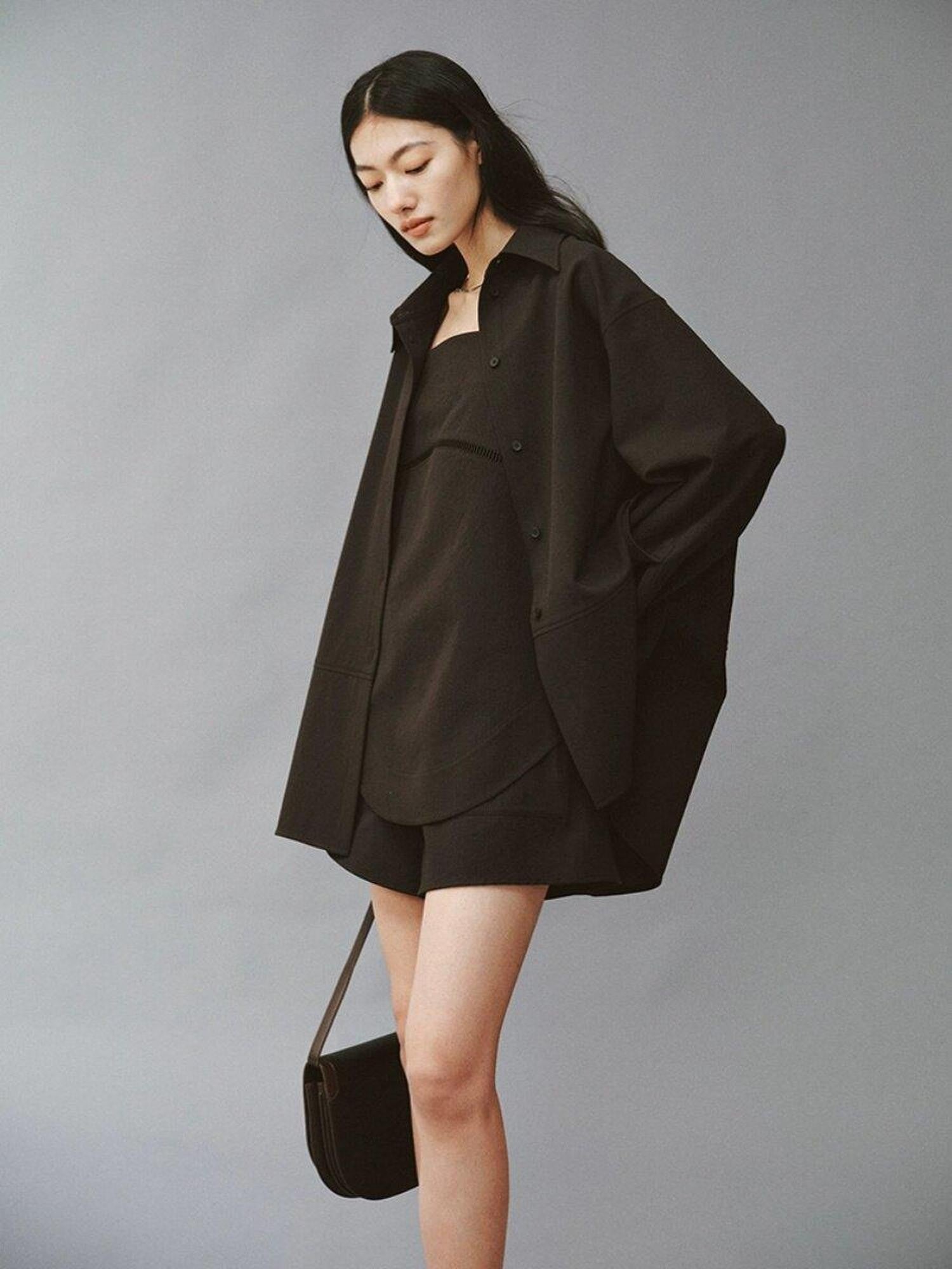 FUSSED Linen Texture Shell Buttons Polo Collar Women&