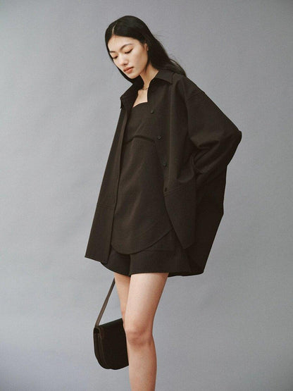 FUSSED Linen Texture Shell Buttons Polo Collar Women&