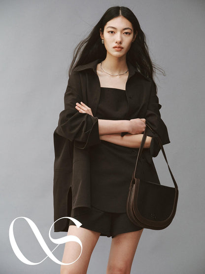 FUSSED Linen Texture Shell Buttons Polo Collar Women&