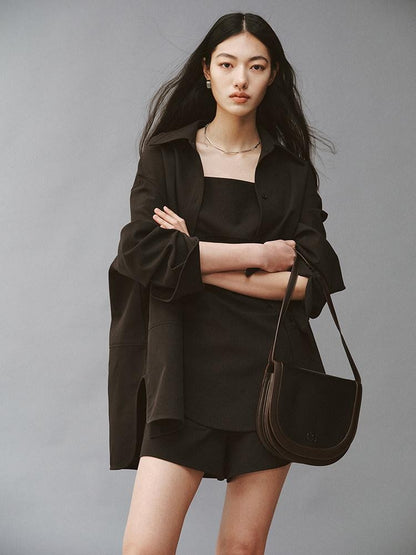 FUSSED Linen Texture Shell Buttons Polo Collar Women&
