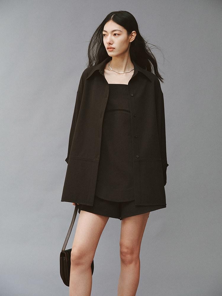FUSSED Linen Texture Shell Buttons Polo Collar Women&