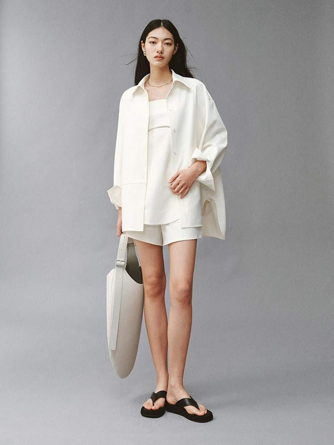 FUSSED Linenlike Polo Button Long Sleeve Relaxed Drop Shoulder Women&