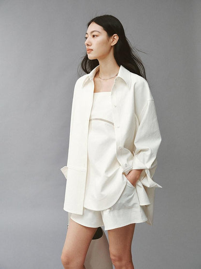 FUSSED Linenlike Polo Button Long Sleeve Relaxed Drop Shoulder Women&