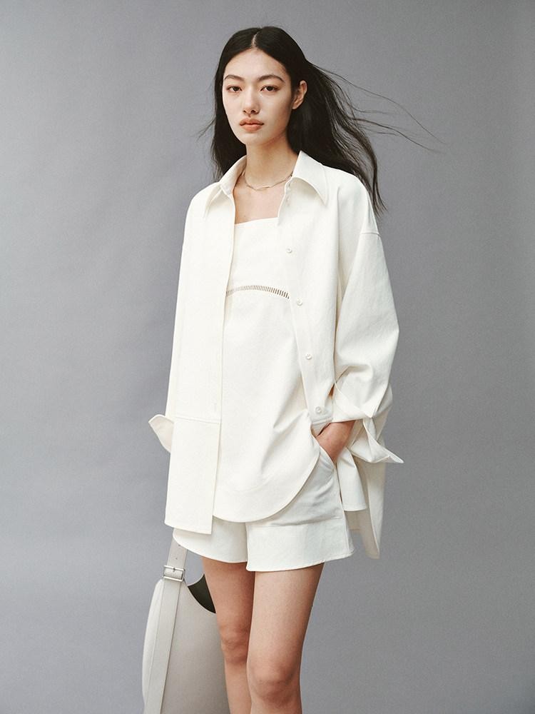 FUSSED Linenlike Polo Button Long Sleeve Relaxed Drop Shoulder Women&