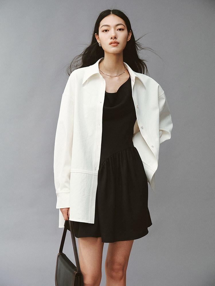 FUSSED Linenlike Polo Button Long Sleeve Relaxed Drop Shoulder Women&